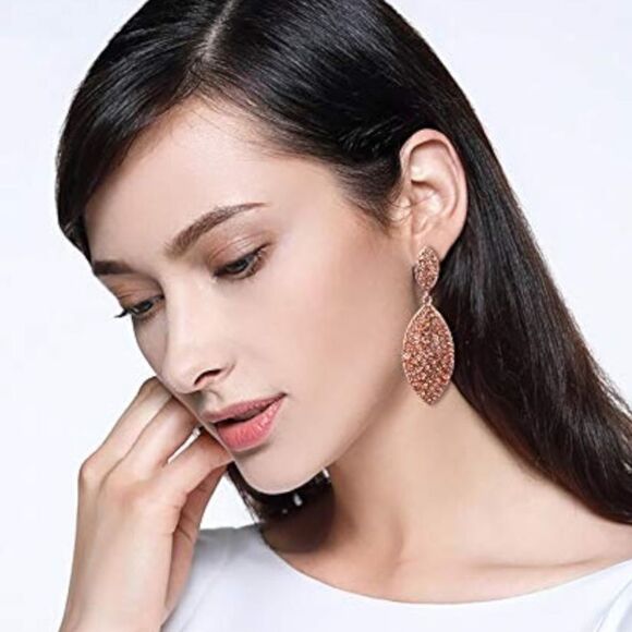 Rose Gold with Champagne Topaz Crystal Double Leaf Chandelier Post Earrings - Picture 3 of 4